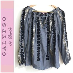 EUC Calypso St Barth embellished chambray peasant top, size M, shipping discount